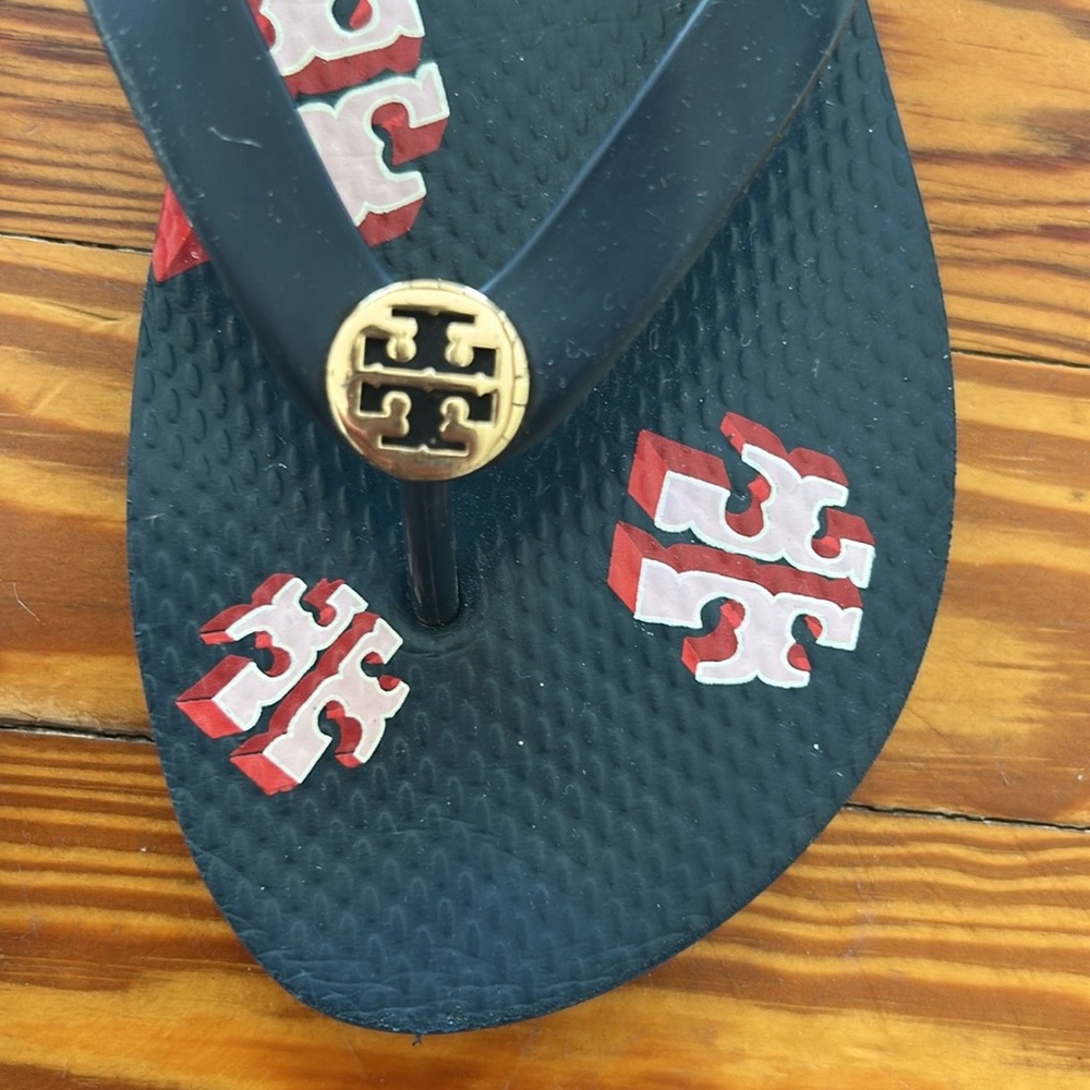 Tory Burch Black Flip Flops with Red Logo - Picture 4 of 6